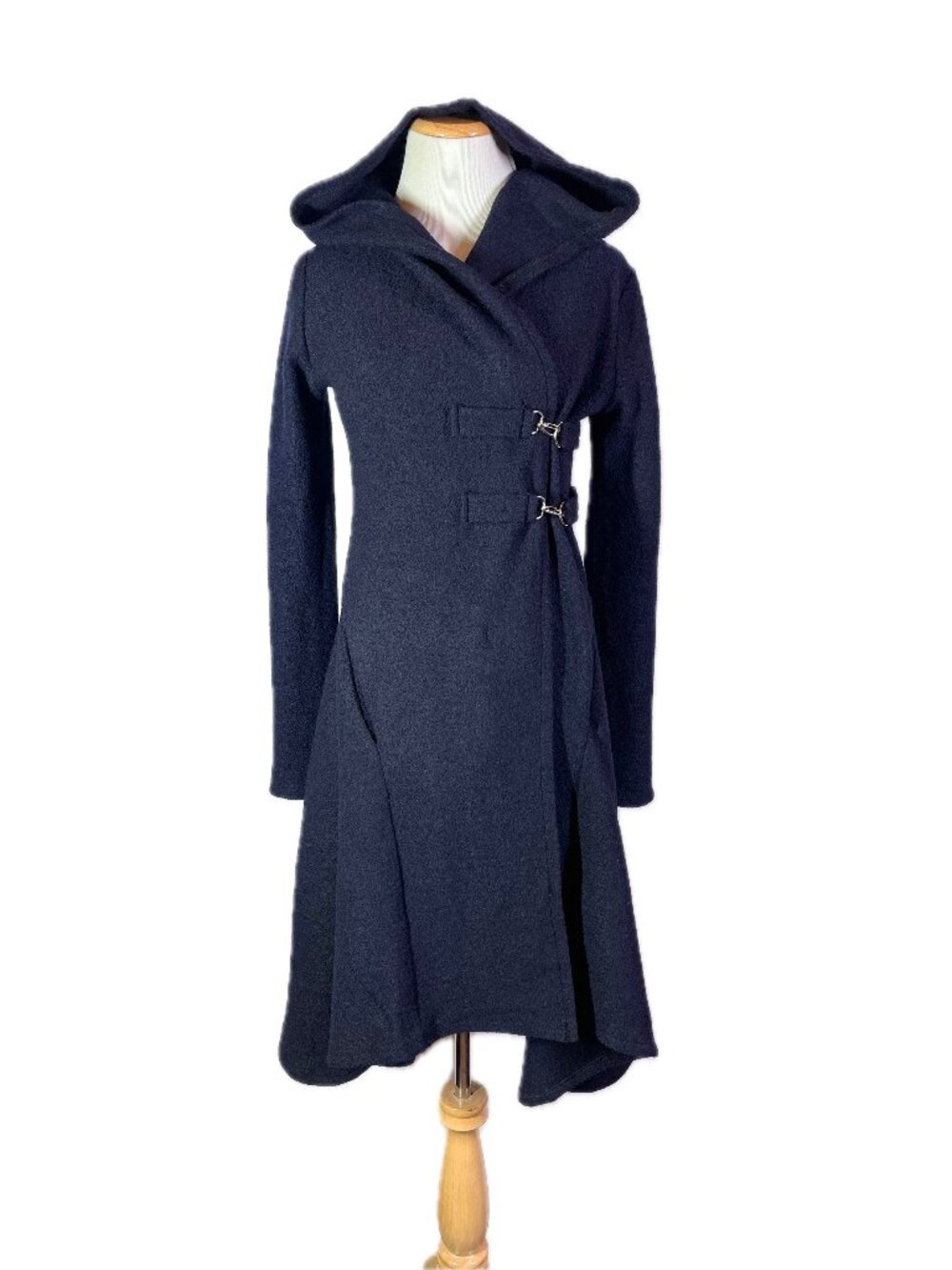 Danellys Size XS? Navy Blue Boiled Wool Hooded Jacket Curved Hem